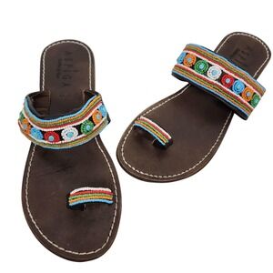 ASPIGA Sandals Womens 7.5‎ 38 Brown Leather Seed Bead Toe Loop Slide Shoes